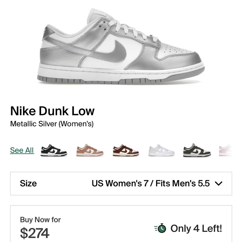 Nike low dunk Metallic Silver Sneakers size 5.5 (women’s 7)